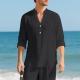 Autumn Linen Mens Long-Sleeve T-Shirt With Stand Collar And Buttons