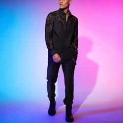 Mens New Lace-Patchwork Long-Sleeve Shirt Sexy Fashionable Statement Top