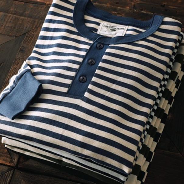Mens Retro Henry Collar Striped Washed Cotton Long-Sleeve T-Shirt