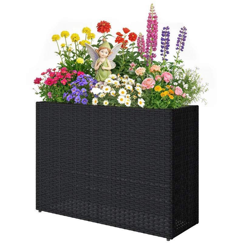 Tall Rectangular Planter With Removable Liner, Holes, PE Wicker Large Planter Box For Indoor Outdoor Plants, Black