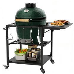 Outdoor Grill Table For Big Green Egg Style BBQ, Heavy Duty Metal Cart Prep Table With Wheels, Storage Shelf, Hooks And Removable Central Cover, Compatible With Large Big Green Egg Grill
