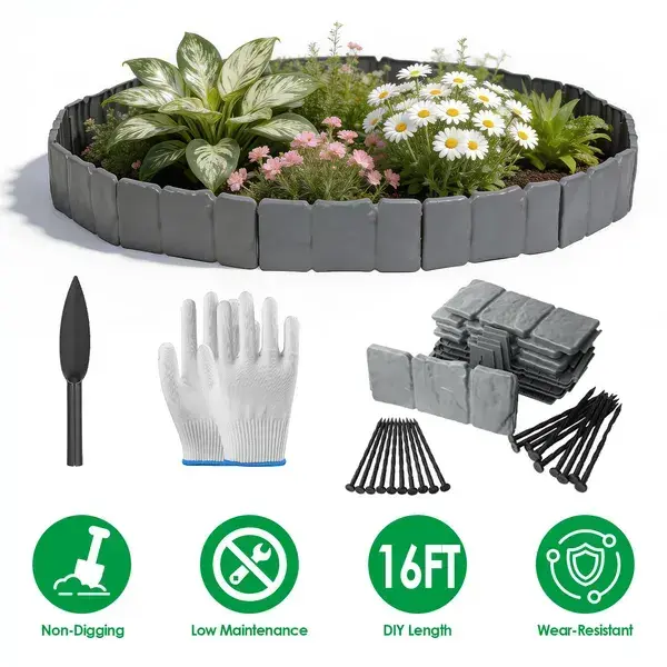 16FT Non-Digging Plastic Landscape Edging 20Pcs Faux Cobbled Stone Garden Borders With 20 Spikes Shovel Gloves Flexible Bendable For Flower Beds Pathways Tree Rings Garden Yard Lawn