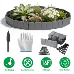 16FT Non-Digging Plastic Landscape Edging 20Pcs Faux Cobbled Stone Garden Borders With 20 Spikes Shovel Gloves Flexible Bendable For Flower Beds Pathways Tree Rings Garden Yard Lawn