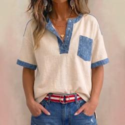 Womens Casual Loose-Fitting Patchwork Short-Sleeve Top