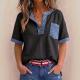 Womens Casual Loose-Fitting Patchwork Short-Sleeve Top