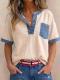 Womens Casual Loose-Fitting Patchwork Short-Sleeve Top