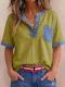 Womens Casual Loose-Fitting Patchwork Short-Sleeve Top