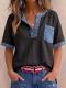 Womens Casual Loose-Fitting Patchwork Short-Sleeve Top