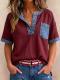 Womens Casual Loose-Fitting Patchwork Short-Sleeve Top