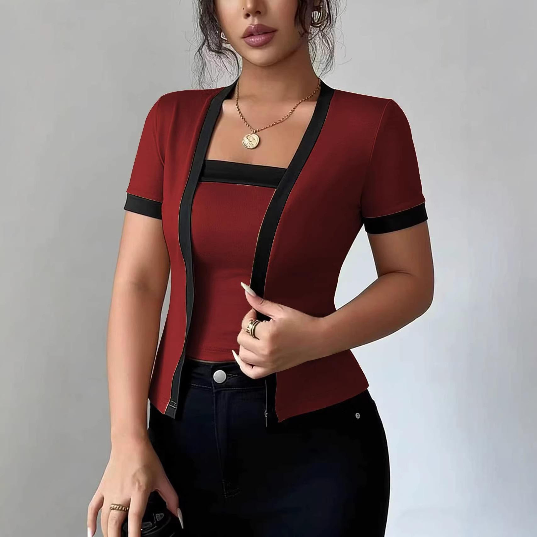 Chic Faux Two-piece Contrast-color Short-sleeve Knit Cardigan