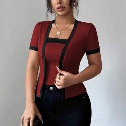 Chic Faux Two-piece Contrast-color Short-sleeve Knit Cardigan