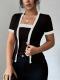 Chic Faux Two-piece Contrast-color Short-sleeve Knit Cardigan