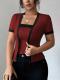 Chic Faux Two-piece Contrast-color Short-sleeve Knit Cardigan