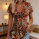 Summer Casual Leopard Print Cross-Tie V-Neck Short
