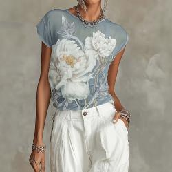 Womens French-style Elegant Gray-blue Mesh Short-sleeve Top