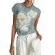 Womens French-style Elegant Gray-blue Mesh Short-sleeve Top