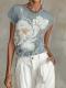 Womens French-style Elegant Gray-blue Mesh Short-sleeve Top