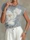 Womens French-style Elegant Gray-blue Mesh Short-sleeve Top