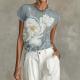 Womens French-style Elegant Gray-blue Mesh Short-sleeve Top