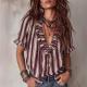V-neck Ruffled Striped Print Short-sleeve Shirt