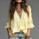 Womens Short-sleeved Pleated V-neck Loose-fit Blouse Top