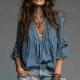 Womens Short-sleeved Pleated V-neck Loose-fit Blouse Top