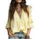 Womens Short-sleeved Pleated V-neck Loose-fit Blouse Top