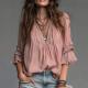 Womens Short-sleeved Pleated V-neck Loose-fit Blouse Top