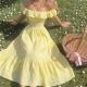 Womens Solid-color Square-neck Ruffled Dress