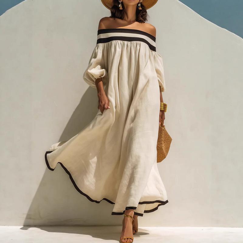 Elegant Resort-style Off-shoulder Cotton-linen Maxi Dress For Women