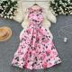 Retro Waist-cinching Figure-flattering Sleeveless Chic Puff Dress With A Printed Design