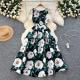 Retro Waist-cinching Figure-flattering Sleeveless Chic Puff Dress With A Printed Design