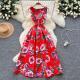 Retro Waist-cinching Figure-flattering Sleeveless Chic Puff Dress With A Printed Design
