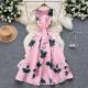 Retro Waist-cinching Figure-flattering Sleeveless Chic Puff Dress With A Printed Design