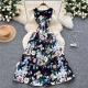 Retro Waist-cinching Figure-flattering Sleeveless Chic Puff Dress With A Printed Design