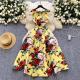 Retro Waist-cinching Figure-flattering Sleeveless Chic Puff Dress With A Printed Design