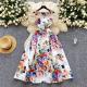 Retro Waist-cinching Figure-flattering Sleeveless Chic Puff Dress With A Printed Design