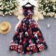 Retro Waist-cinching Figure-flattering Sleeveless Chic Puff Dress With A Printed Design