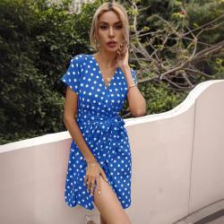 Womens Summer Polka-Dot V-Neck Short-Sleeve Dress