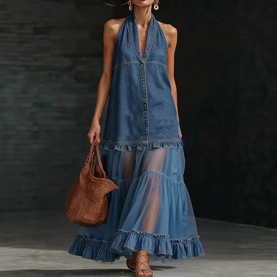 Womens Retro Denim-Style Patchwork Long Dress