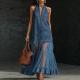 Womens Retro Denim-Style Patchwork Long Dress