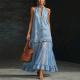 Womens Retro Denim-Style Patchwork Long Dress