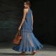 Womens Retro Denim-Style Patchwork Long Dress