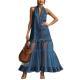 Womens Retro Denim-Style Patchwork Long Dress