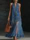 Womens Retro Denim-Style Patchwork Long Dress