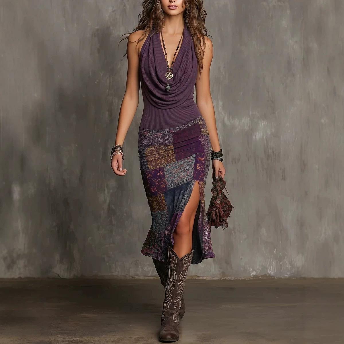 Womens Color-Block Printed Draped-Neck Dress