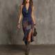 Womens Color-Block Printed Draped-Neck Dress