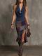 Womens Color-Block Printed Draped-Neck Dress