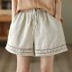 Thin Elastic-Waist Lace-up Hollowed-Out Casual Cotton-Linen Straight Pants