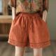 Thin Elastic-Waist Lace-up Hollowed-Out Casual Cotton-Linen Straight Pants